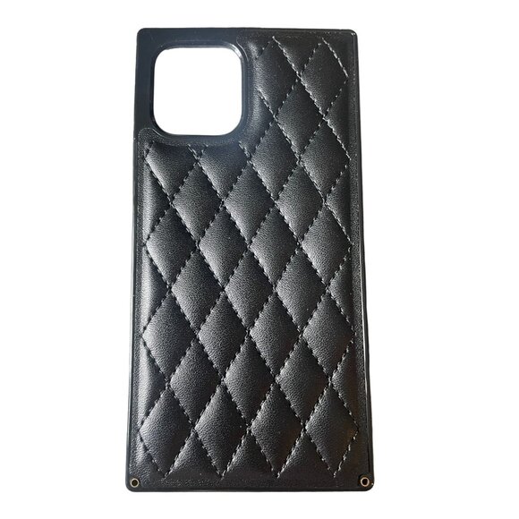 Square diamond Quilted black PU leather iPhone 12 Pro case NIP - Picture 1 of 8